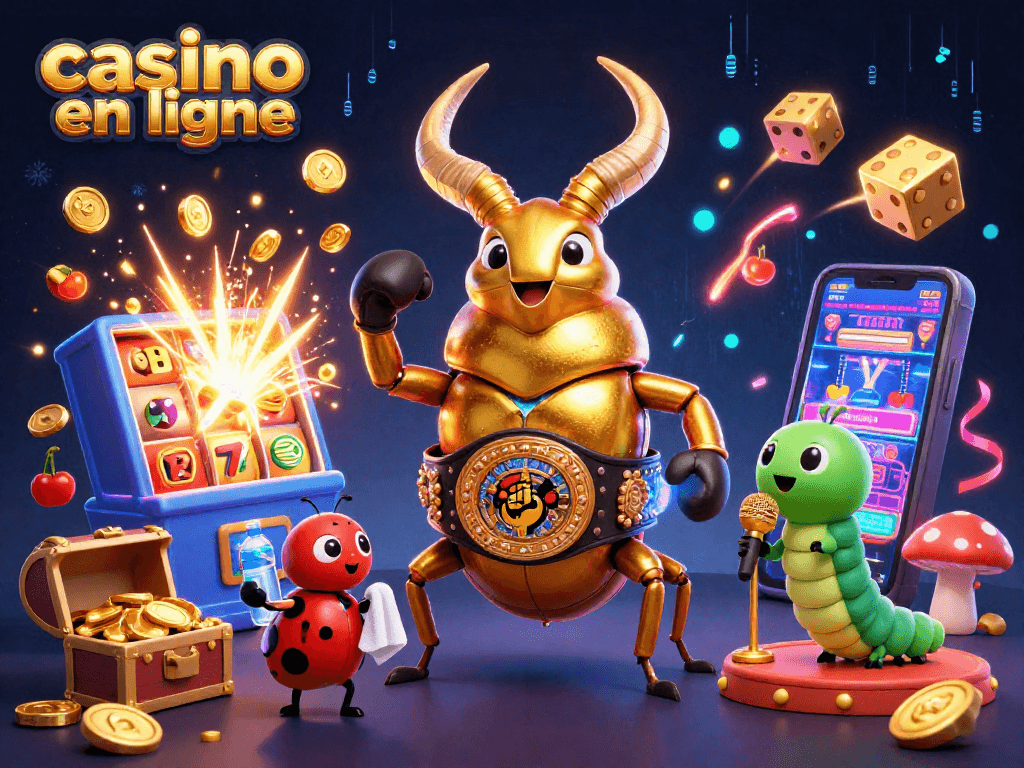 Gagnez avec un casino en ligne, entouré de symboles de jackpot et de jeux colorés