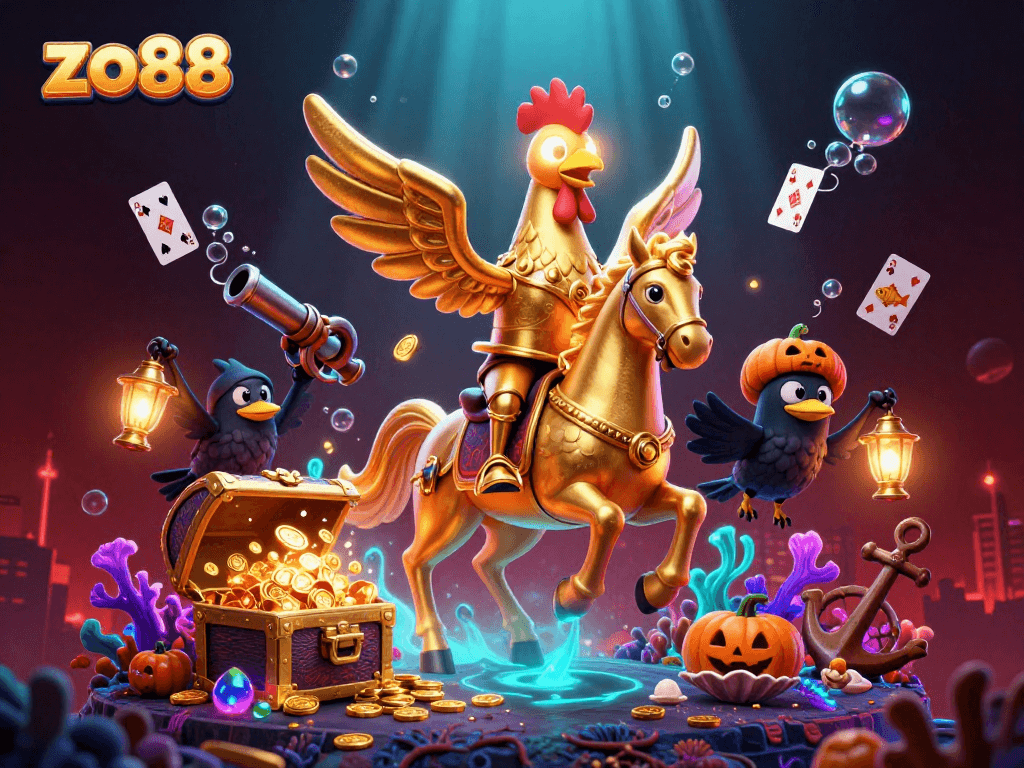 Experience thrilling gaming with zo88 at a vibrant casino with dynamic characters and glowing treasures.