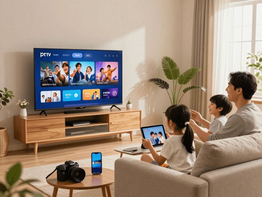 Une famille profitant de leur abonnement Atlas pro ontv avec une télévision intelligente et une tablette.