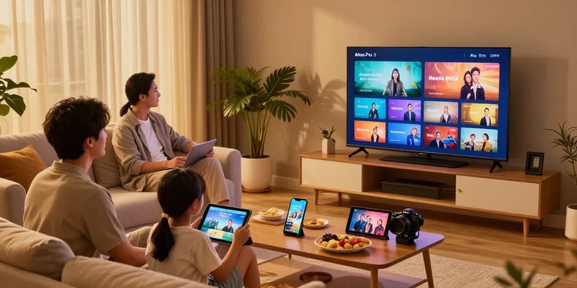 Famille profitant d'Atlas pro ontv avec des médias HD dans un salon moderne