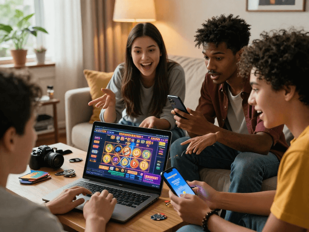 Scène de casino en ligne avec des amis discutant de stratégies de jeu et vérifiant des promotions sur un smartphone.