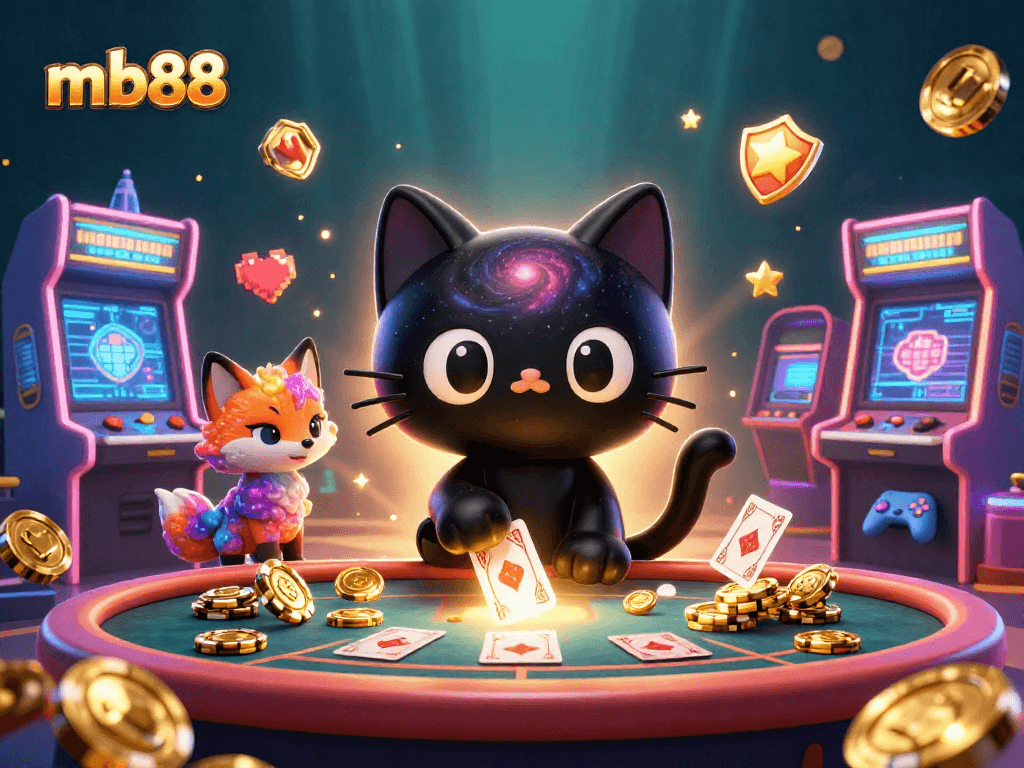 Experience the excitement of mb88 with a cosmic cat casino scene, pulling in glowing chips and cards.