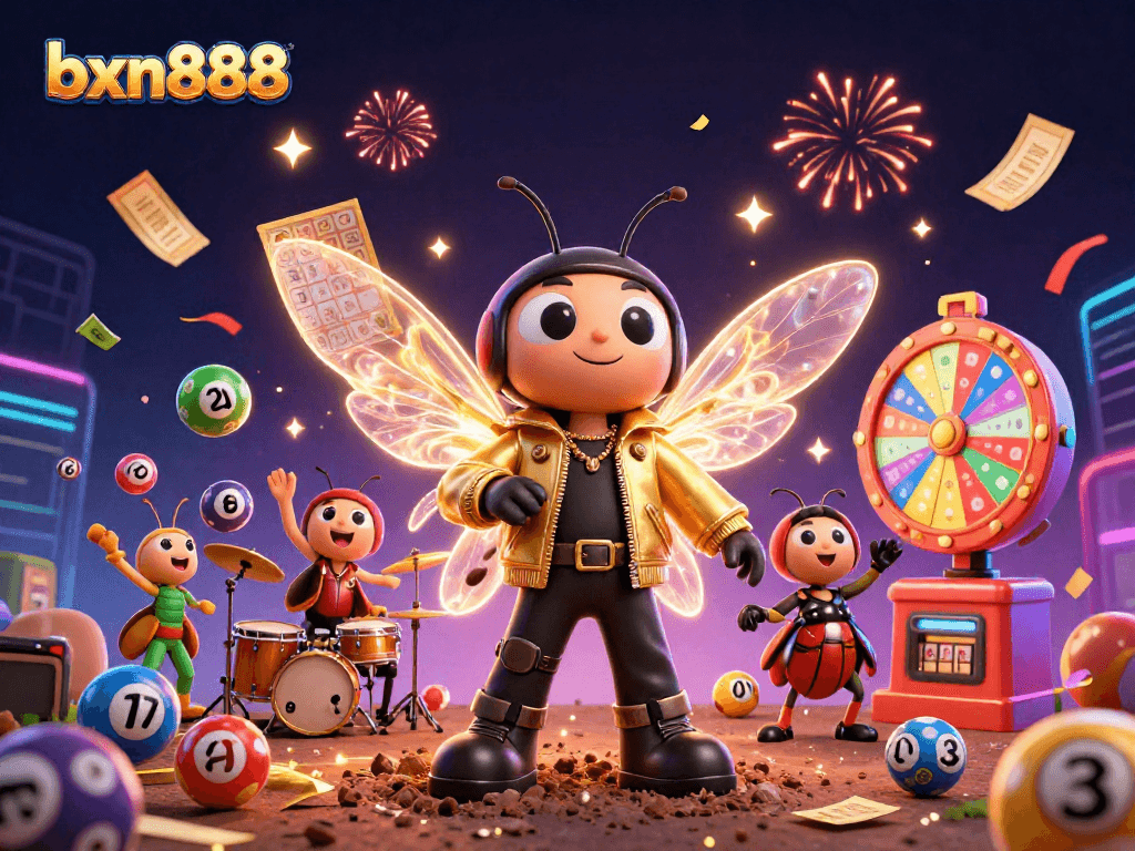 Experience the thrill of gaming at bxn888 with vibrant lottery elements and energetic characters.