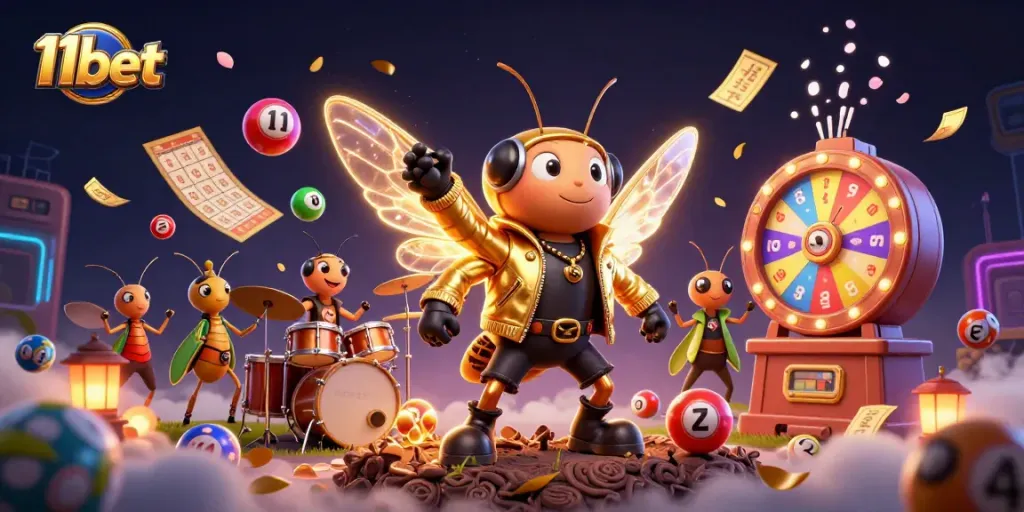11bet casino promotional illustration featuring a cicada rock star among vibrant lottery elements.