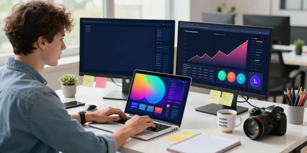 Engaging workspace scene where a professional analyzes how to buy views for boosting social media performance.