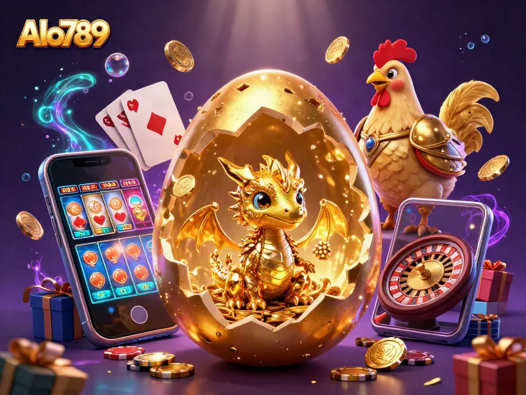 Engage with Alo789's thrilling online experience featuring a golden dragon amidst poker chips and vibrant casino elements.