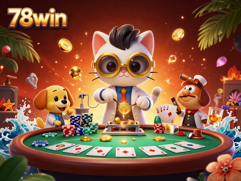 Engage with thrilling games at 78win, featuring a mad scientist cat creating gold coins amid poker excitement.