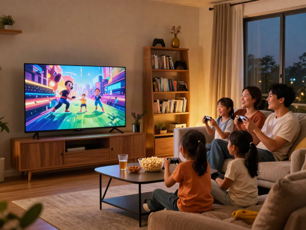 Une famille profitant de leurs moments devant la télévision Iron tv dans un salon chaleureux et moderne.