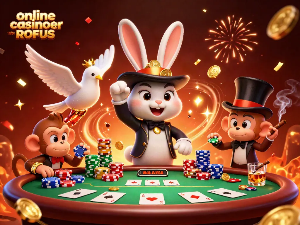 Poker action at online casinoer uden ROFUS with a magician rabbit, a dove, and a monkey amidst gold coins and chips.