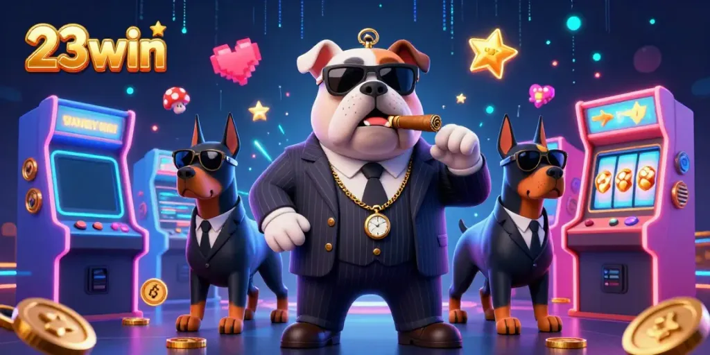 Experience thrilling gameplay with 23win's dynamic casino scene featuring a mafia boss and gaming elements.