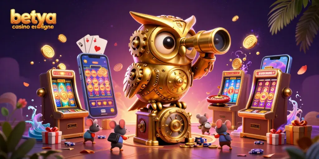 Experience the excitement of betya casino en ligne with a vibrant and engaging 3D illustration.