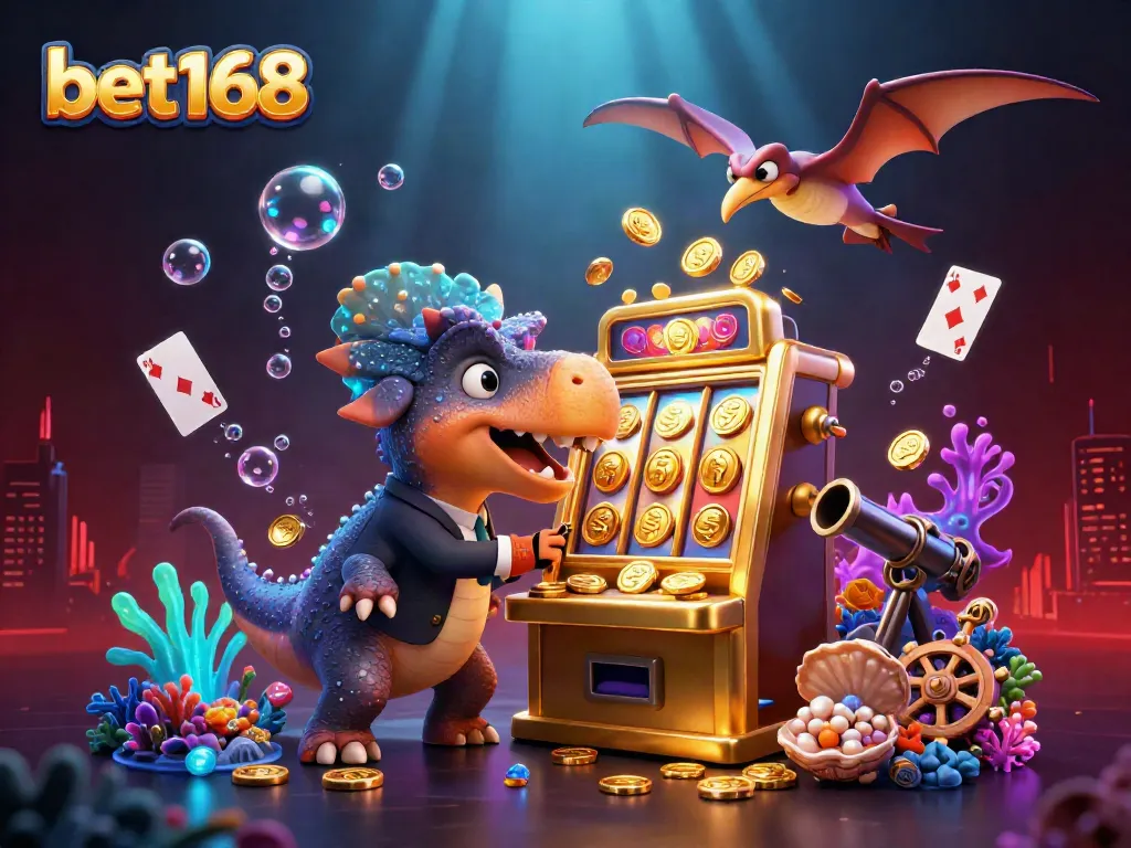 Engage in exciting gameplay at bet168 with cartoon dinosaurs in a dynamic casino scene.