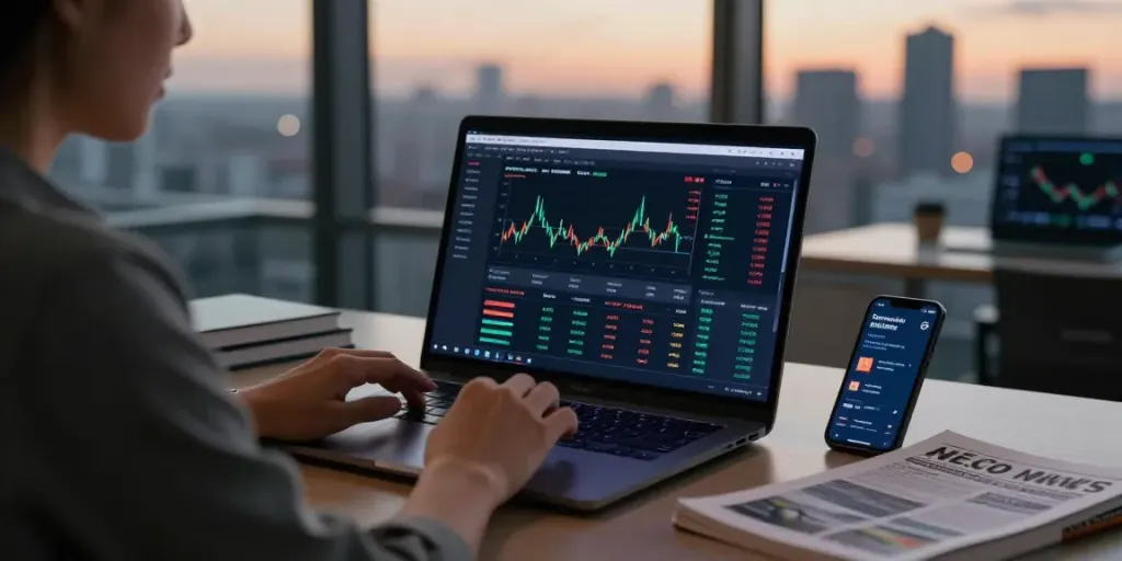 Couponeau : Utilisateur d'une plateforme de trading IA dans un bureau moderne, interface affichant des données de marché en temps réel.