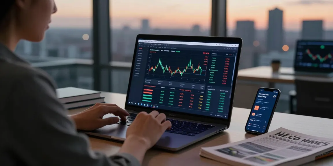 Couponeau : Utilisateur d'une plateforme de trading IA dans un bureau moderne, interface affichant des données de marché en temps réel.