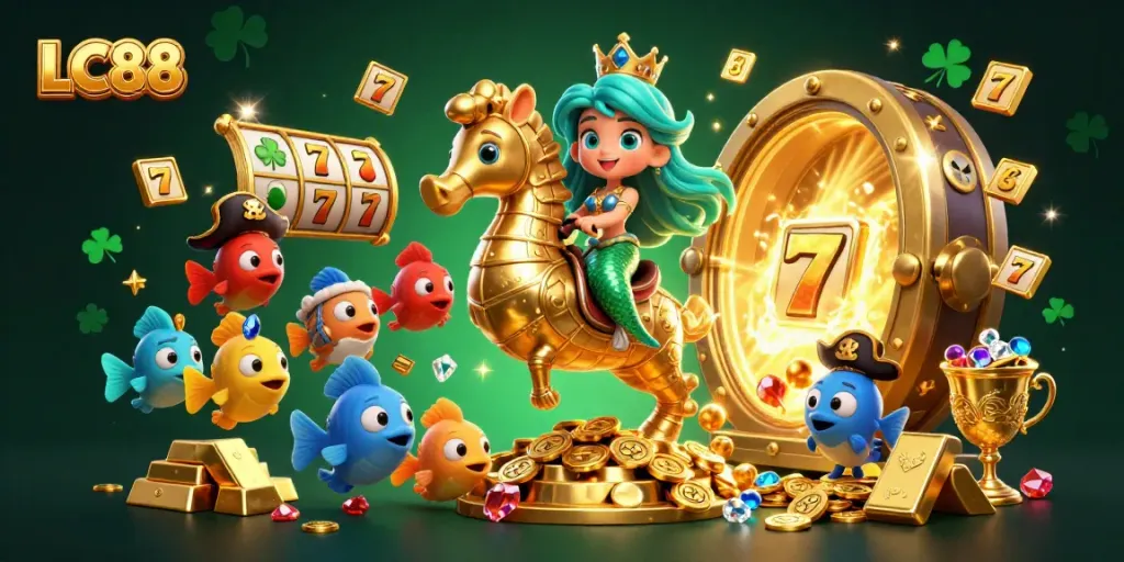 Spin the reels with LC88 in a vibrant underwater casino scene featuring a mermaid, seahorse, and treasures.