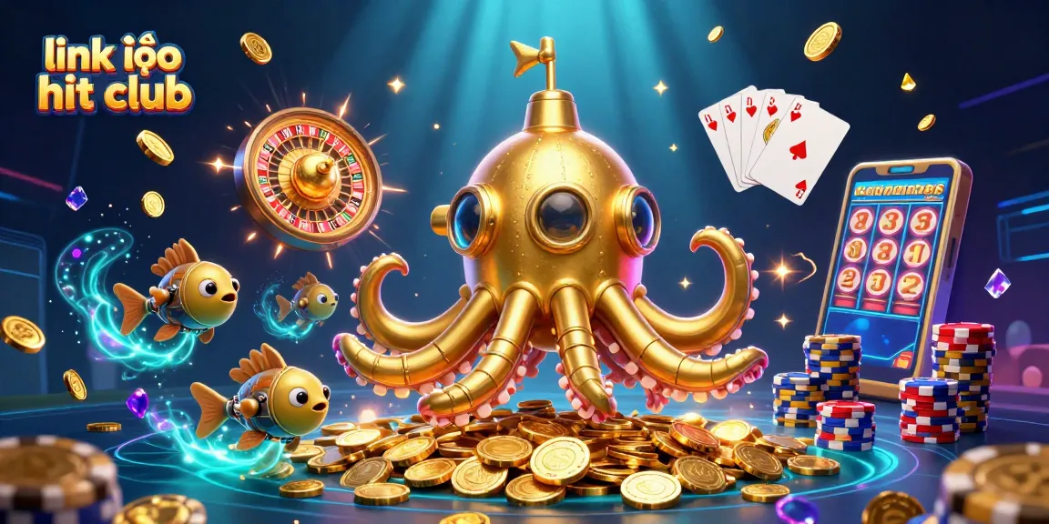 Experience excitement with link vào hit club showcasing a golden kraken submarine amid golden coins and casino elements.