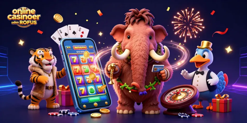 Engage at online casinoer uden ROFUS with an exciting scene featuring vibrant characters and games.
