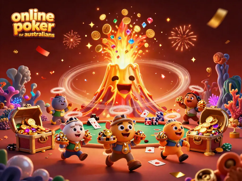 Engaging illustration capturing online poker for australians featuring vibrant poker dynamics, coins and treasures.