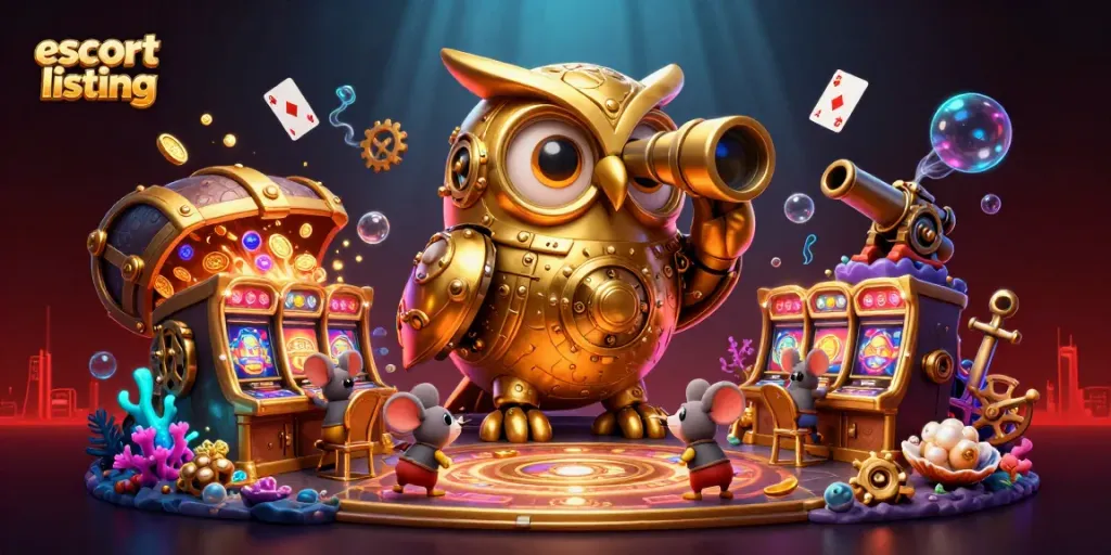 Engage with the vibrant escort listing featuring unique characters and a lively casino scene filled with gold coins.