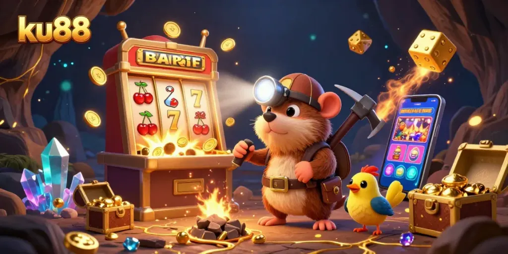 Experience thrilling gameplay at ku88 with a treasure hunter mole uncovering riches and casino symbols.