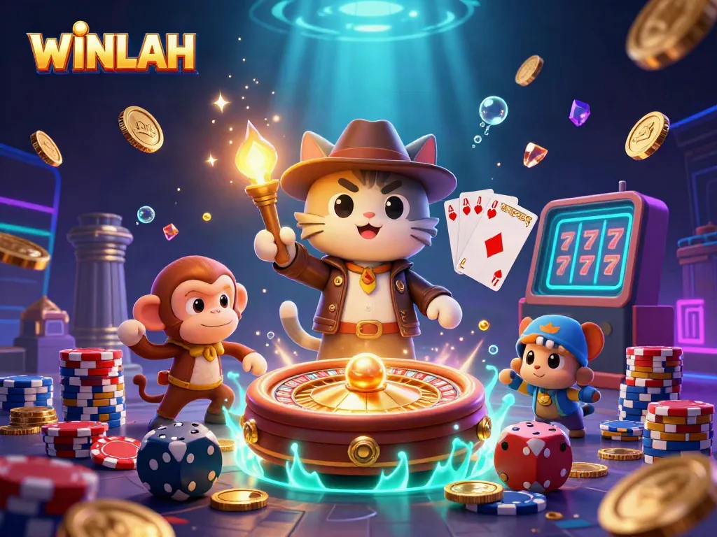 Experience the excitement of WINLAH with a cartoon cat explorer discovering golden casino treasures surrounded by rich game elements.