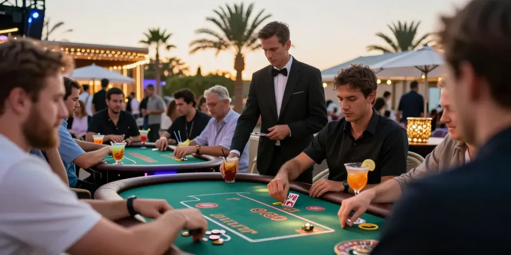 Joueurs s'amusant dans un casino en ligne sans dépôt lors d'une soirée élégante.