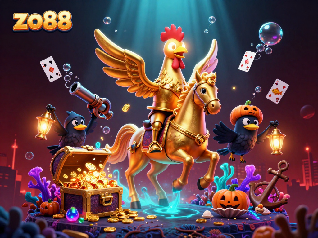 Experience thrilling gaming with zo88 at a vibrant casino with dynamic characters and glowing treasures.