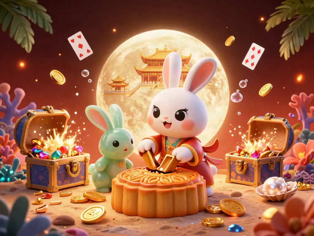 Experience thrilling action at DN88 with a vivid, colorful scene of a moon rabbit and jade rabbit in an exciting casino atmosphere.