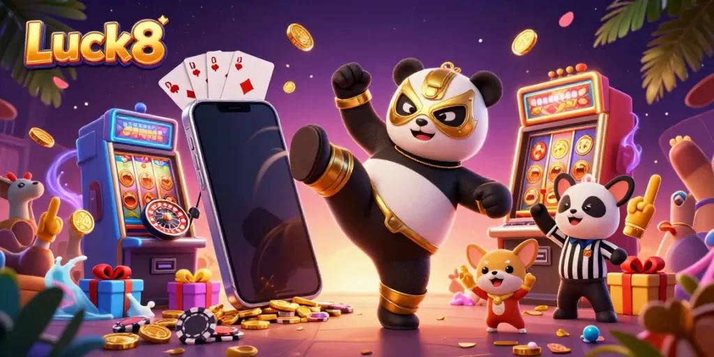 Luck8 gaming scene with a panda wrestler and chihuahua referee amidst slot games and cheering animal fans.