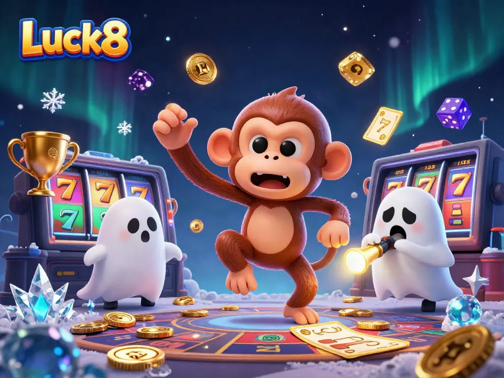 Luck8 showcases a mischievous poltergeist monkey juggling gold coins in a dynamic casino scene filled with slot reels.