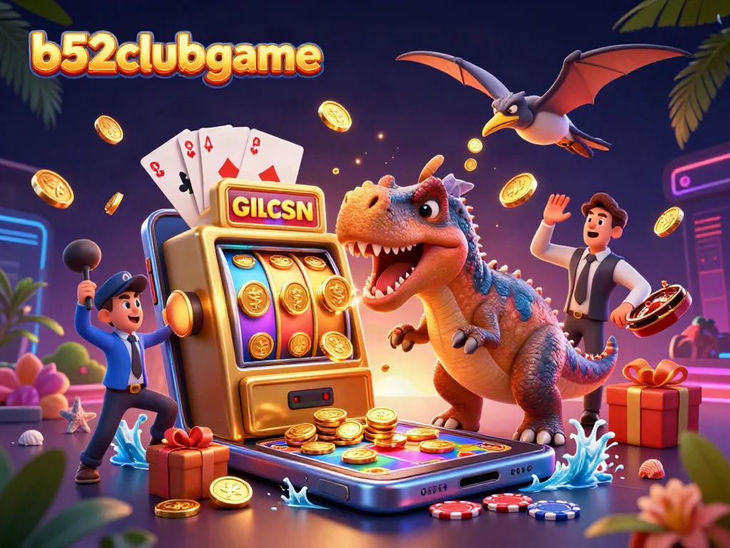 B52clubgame features a pachycephalosaurus winning coins from a slot machine in a vibrant casino setting.