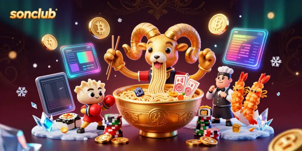 Engage in thrilling casino gameplay with Sonclub's vibrant characters and crypto elements.