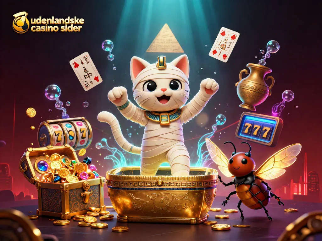 Experience the excitement of udenlandske casino sider with a vibrant illustration featuring a mummy cat and golden treasures.