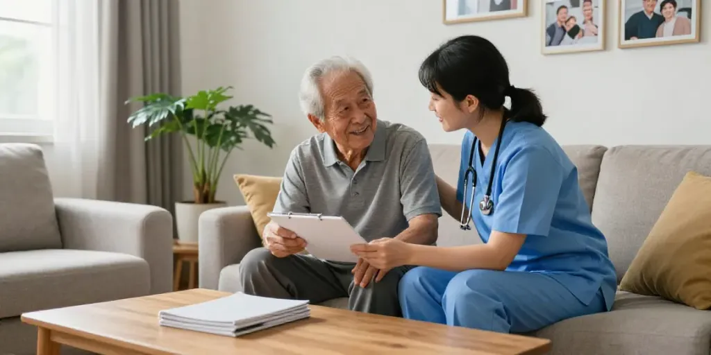 AlloAdom caregiver assisting an elderly client at home in a warm, trusting environment.