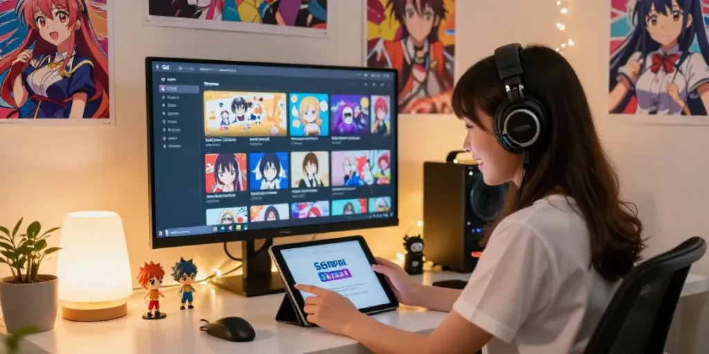 Femme souriante utilisant Senpai Stream Pour iOS sur une tablette entourée de décorations anime.