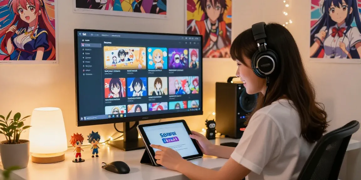 Femme souriante utilisant Senpai Stream Pour iOS sur une tablette entourée de décorations anime.