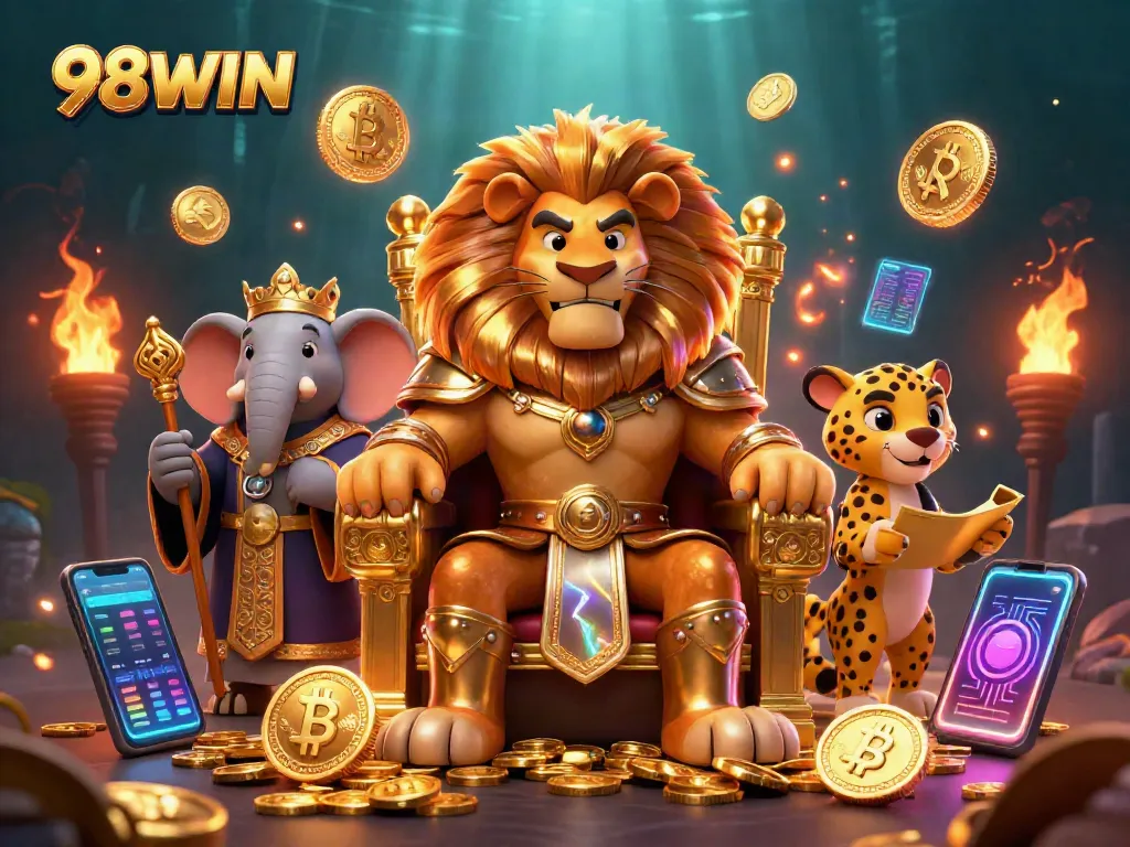 Experience the thrilling 98WIN gaming world with iconic characters and crypto elements in a vibrant 3D illustration.