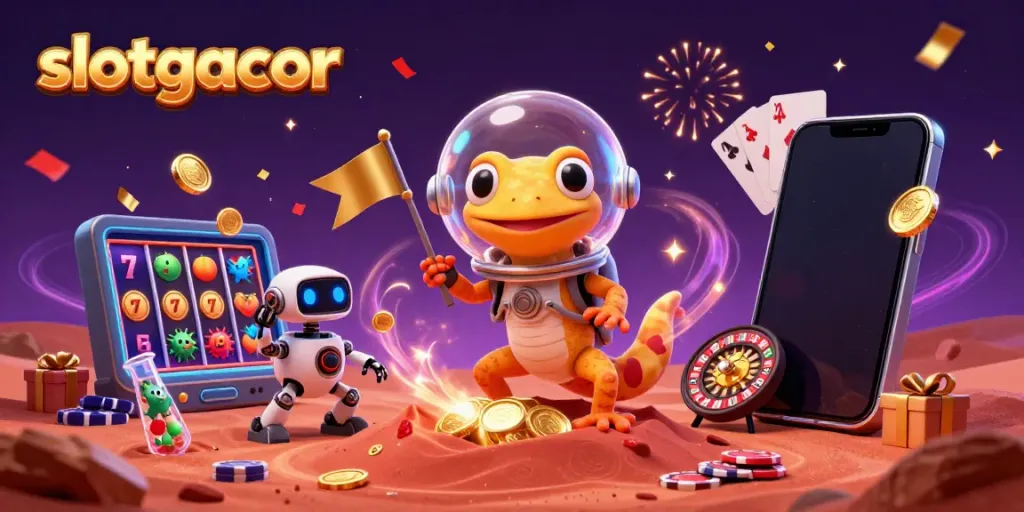Play slots with slotgacor, featuring an alien gecko discovering a golden casino in Mars sand.