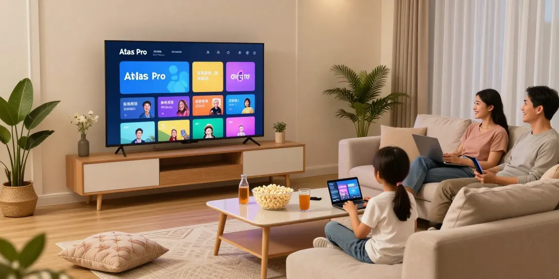 Famille utilisant l'application atlas pro pour regarder des chaînes en direct avec un écran de télévision moderne.
