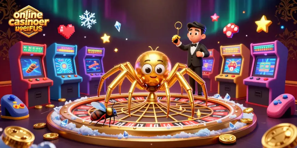 Engage with online casinoer uden ROFUS featuring a golden spider and lively gaming elements.