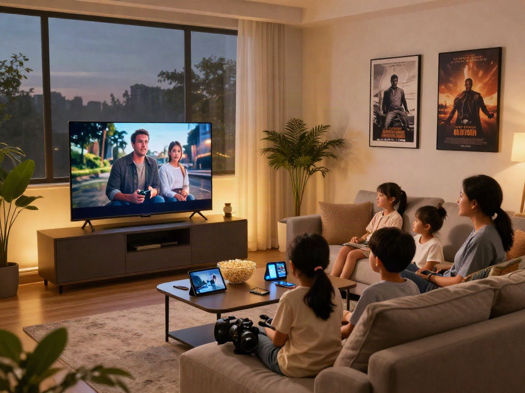 Family enjoying a movie night on Iron TV in a cozy living room.