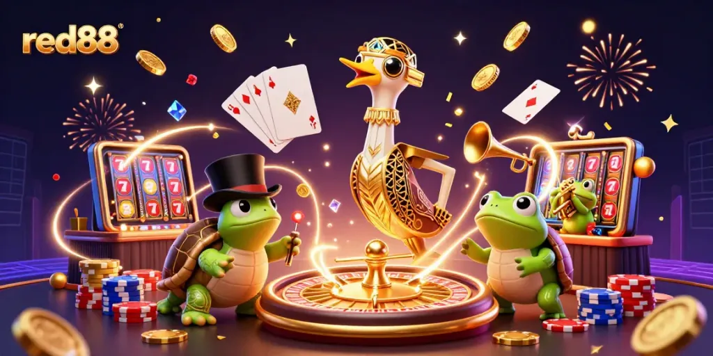 Experience thrill and fortune at red88 with a vibrant casino scene featuring exciting gaming elements.