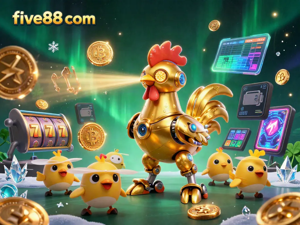 Experience the excitement of five88 com with a golden rooster robot and crypto elements in a dynamic casino scene.