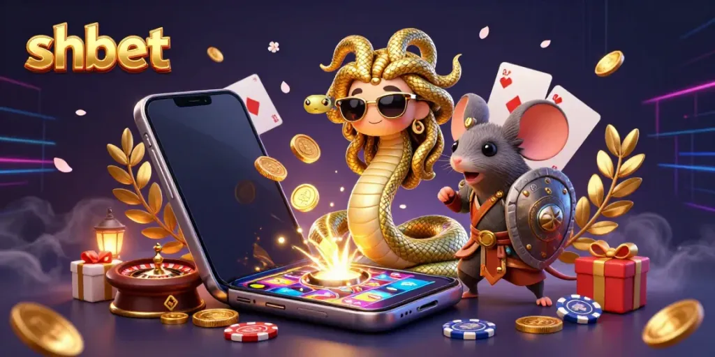 Experience interactive gaming with shbet in a vibrant casino-themed illustrated scene.