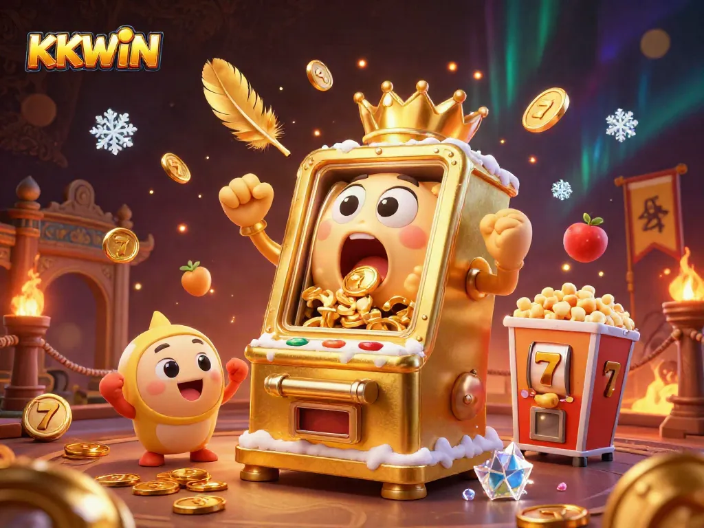 KKWIN slot machine celebrates a jackpot amidst golden coins and dynamic game elements.