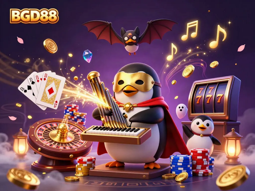 Experience BGD88 in an enchanting casino scene featuring a phantom opera penguin and dynamic game elements.