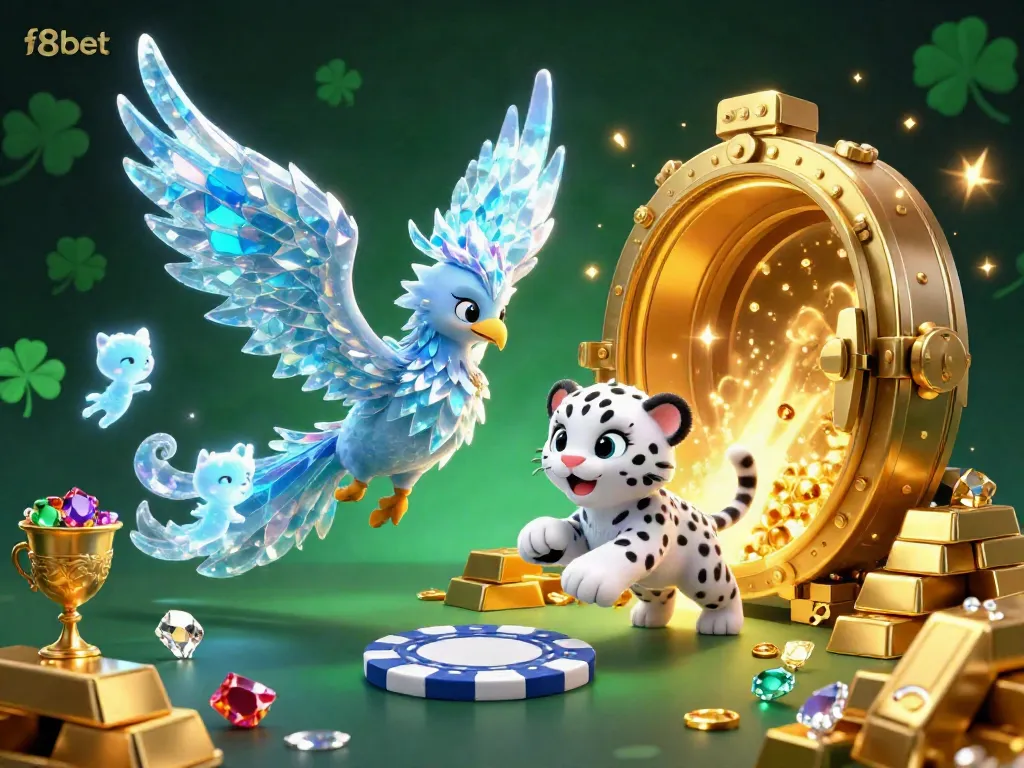 Experience the vibrant thrills of F8BET casino with an ice phoenix and treasures in a dazzling scene.