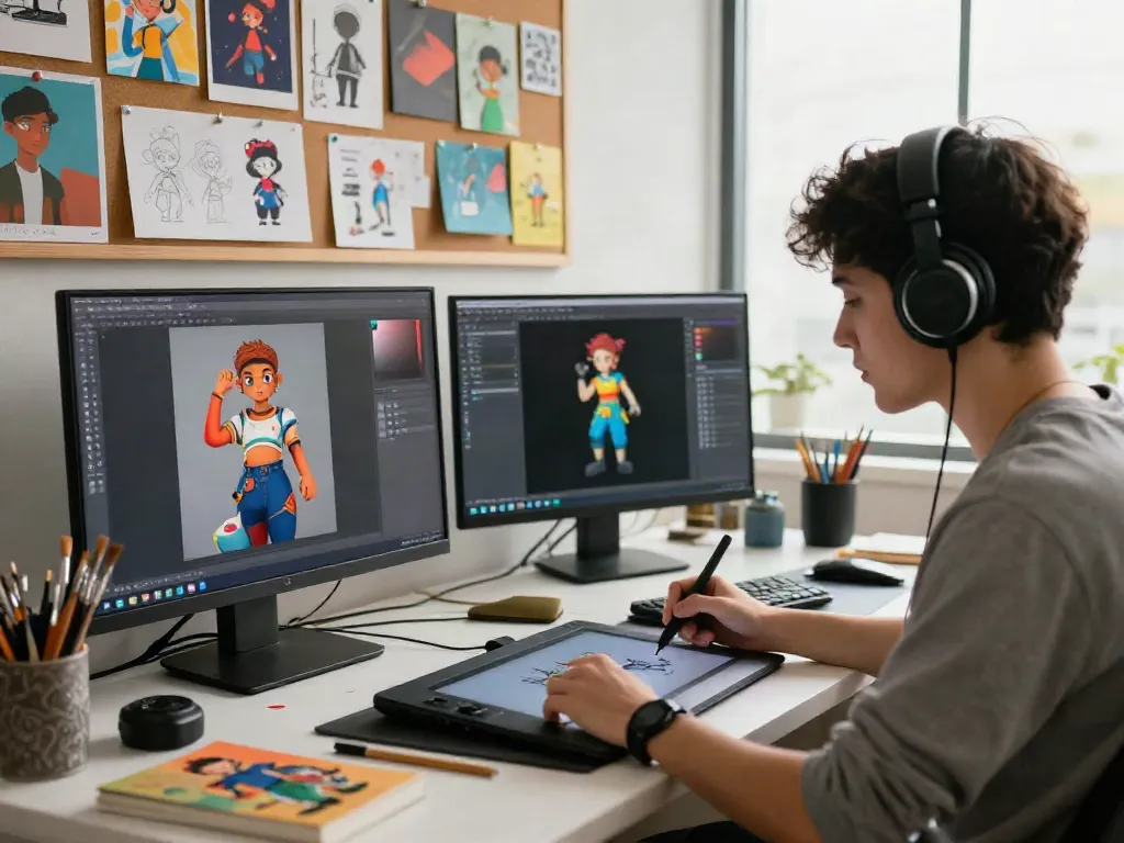 Engaged digital artist creating NSFW AI character designs in a colorful studio.