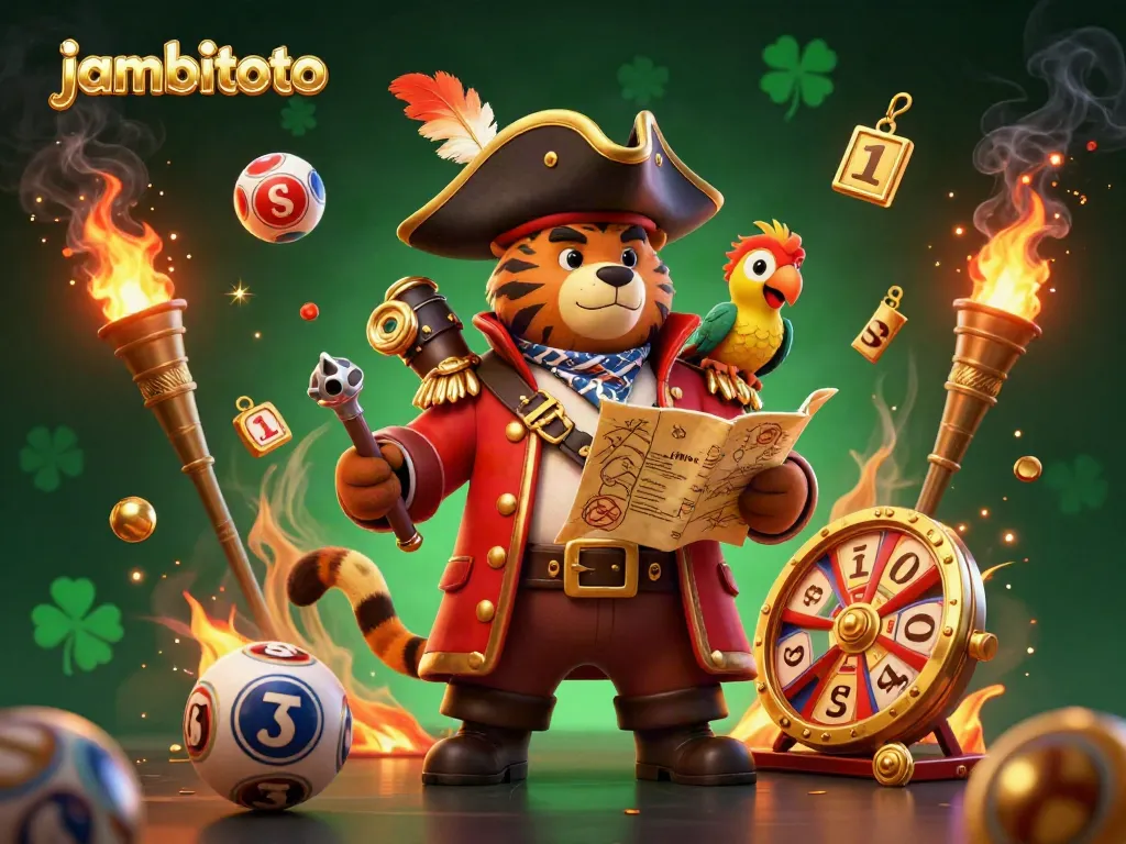 Engage with JambiToto's vibrant lottery scene featuring a bear captain and lively characters.