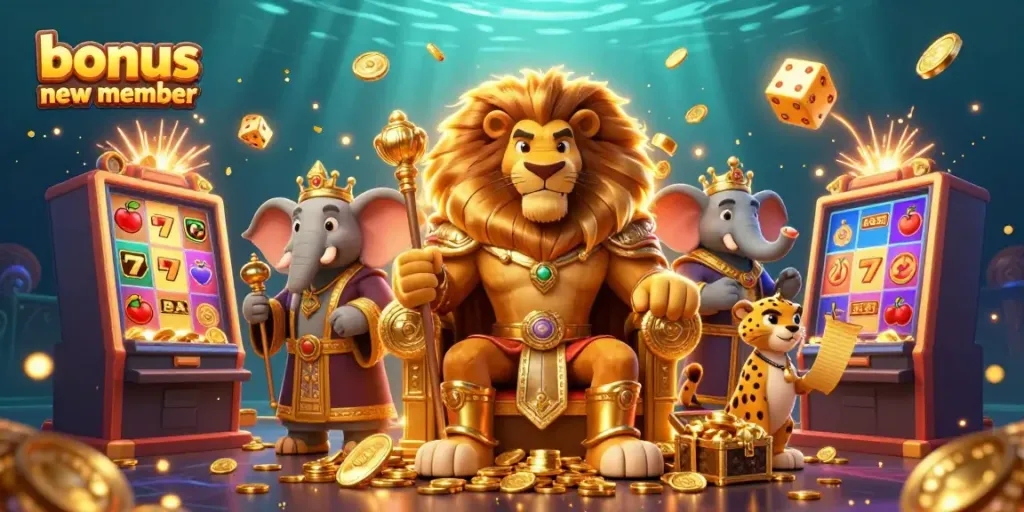 Engage in exciting gameplay with the bonus new member promotion featuring a lion king, elephant advisor, and cheetah messenger.